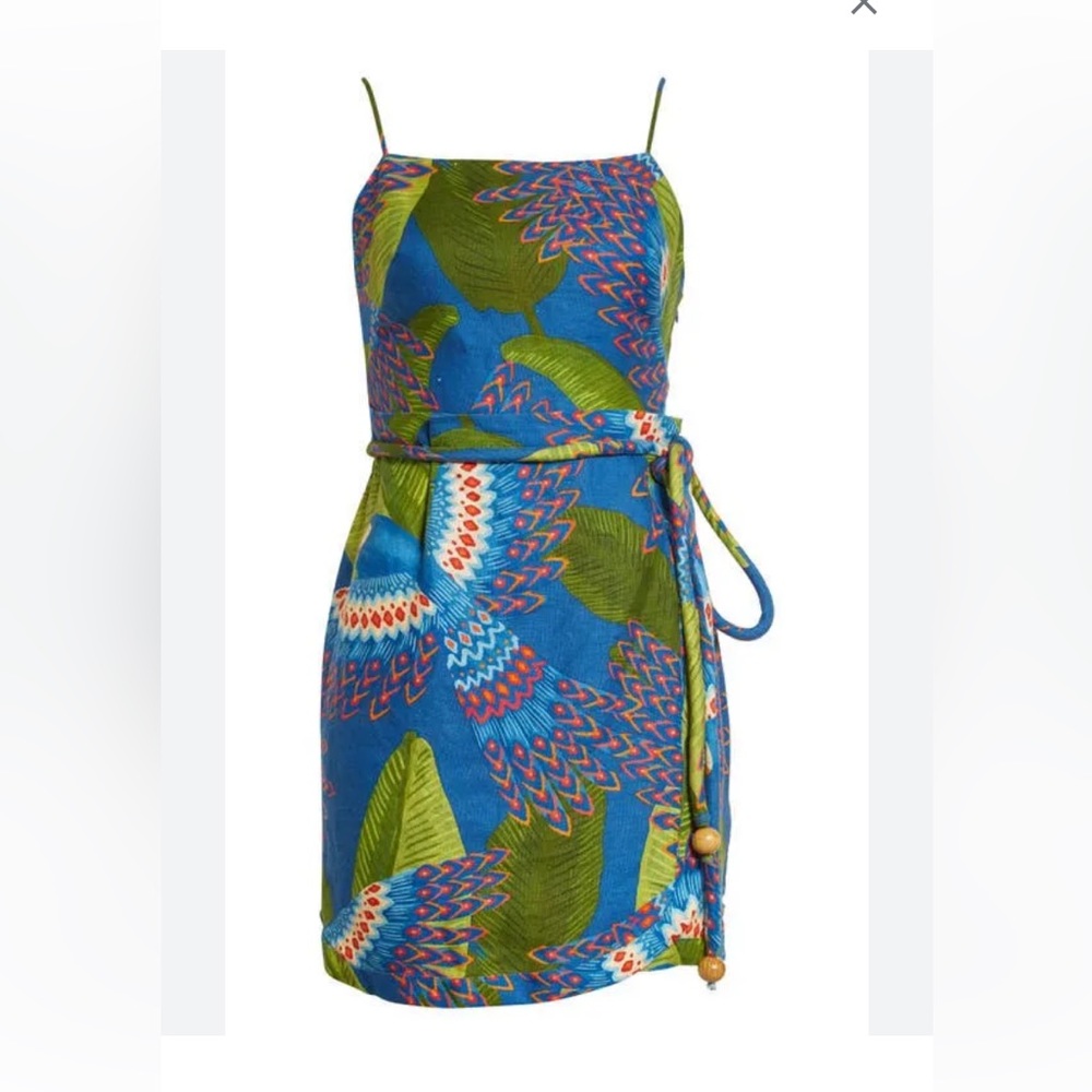 New”Farm Rio Blue Macaw Mini Linen Spaghetti Straps mini dress-SMALL-multicolor